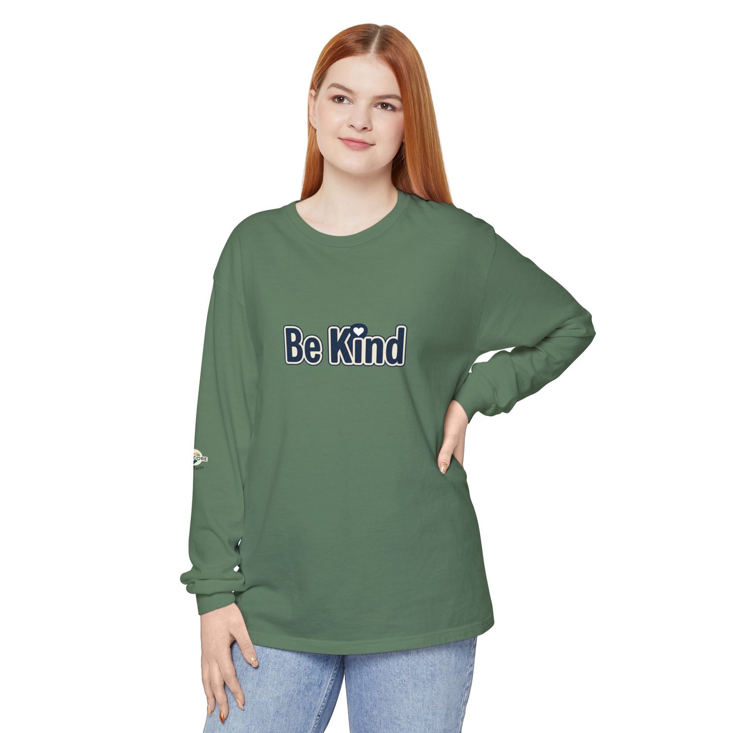 Be Kind Long Sleeve Tee — White Positive Message Shirt with Heart