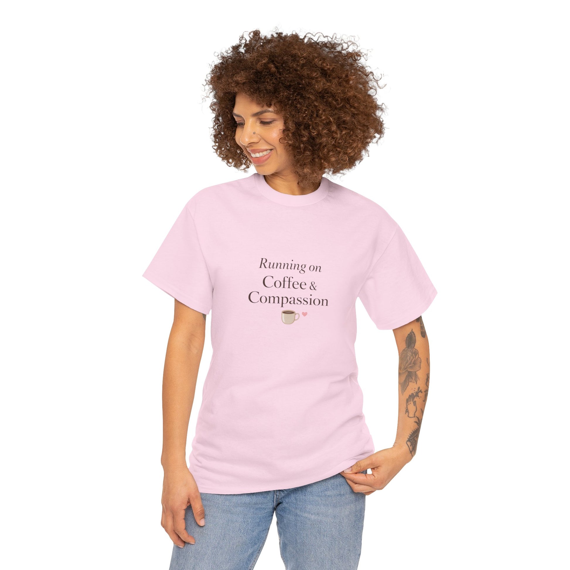 Running on Compassion and Coffee T-Shirt — Funny Relatable Tee for Coffee Lovers - Kindcore Comforts