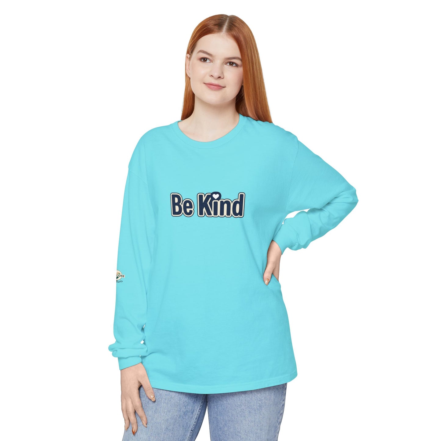 Be Kind Long Sleeve Tee — White Positive Message Shirt with Heart