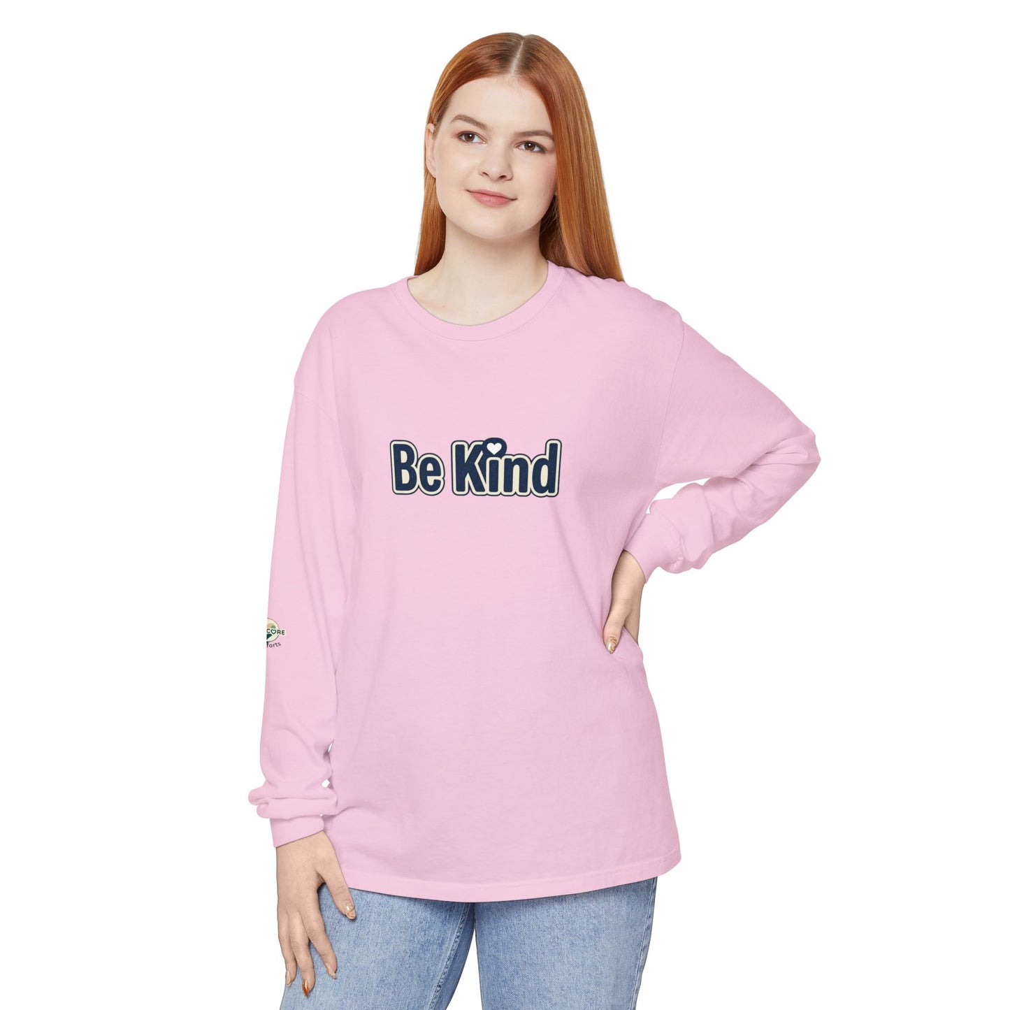 Be Kind Long Sleeve Tee — White Positive Message Shirt with Heart