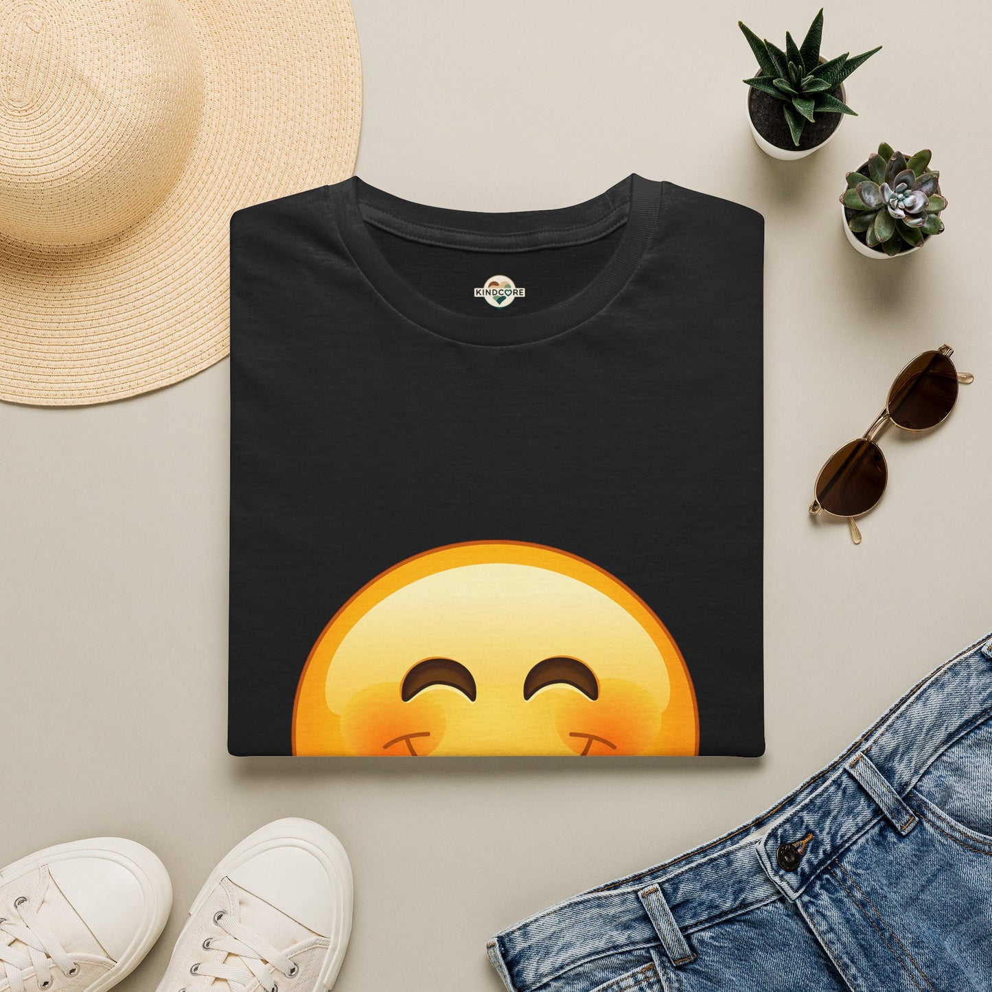 Smiling Emoji T-Shirt — Cute Blushing Smile Graphic Tee - Kindcore Comforts