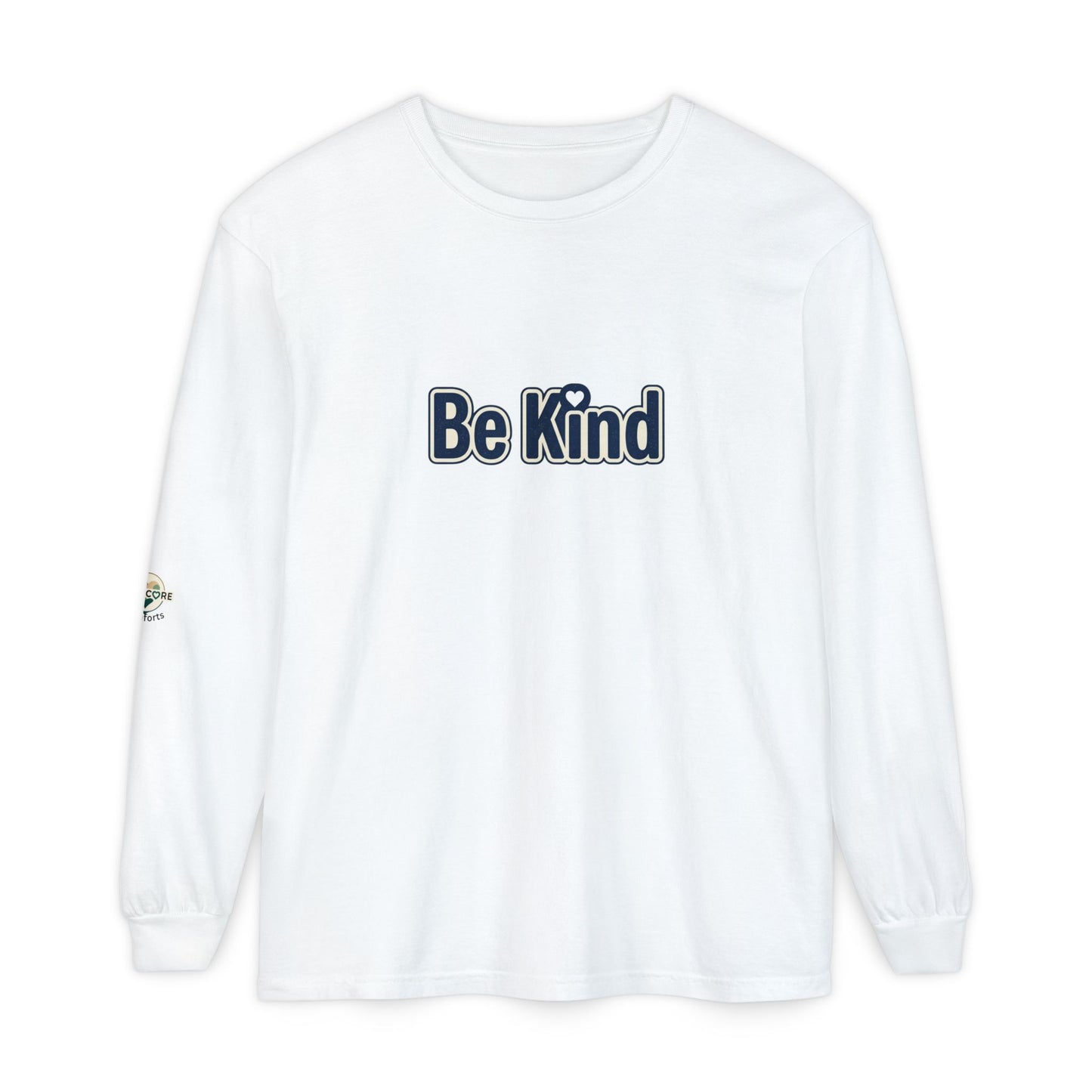 Be Kind Long Sleeve Tee — White Positive Message Shirt with Heart