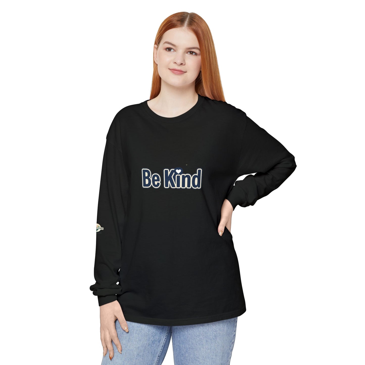 Be Kind Long Sleeve Tee — White Positive Message Shirt with Heart