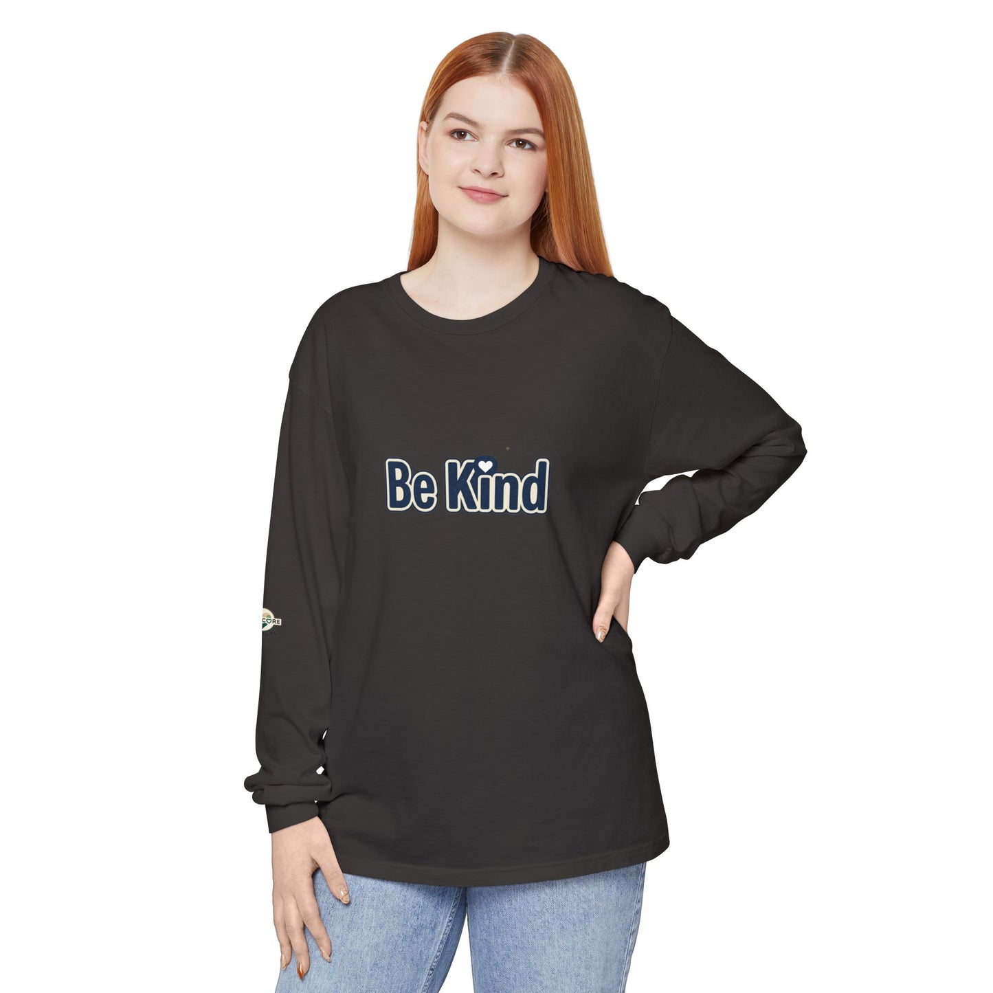 Be Kind Long Sleeve Tee — White Positive Message Shirt with Heart