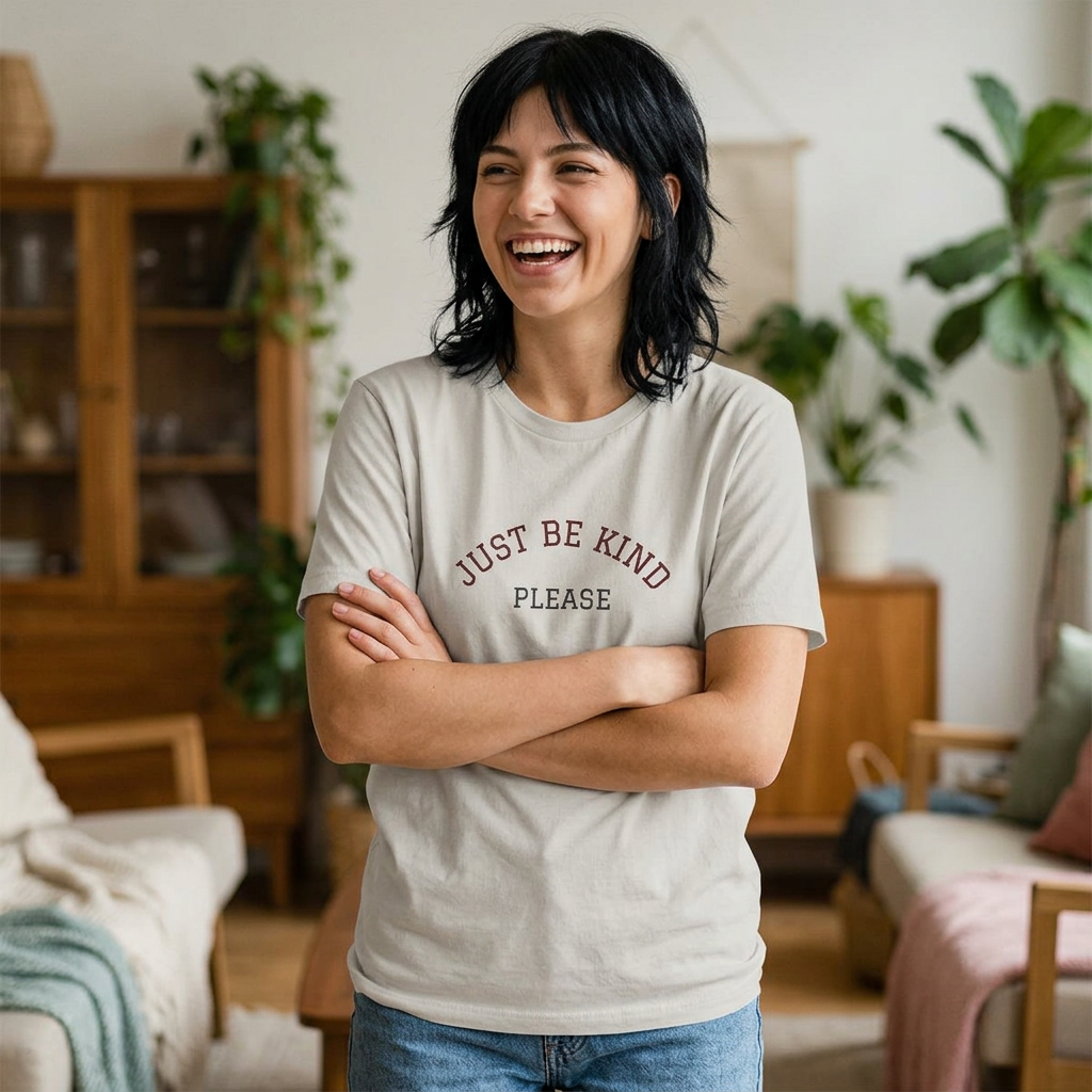 Just Be Kind Please Embroidered Tee — Kindness Message T‑Shirt - Kindcore Comforts
