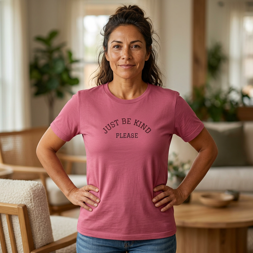 Just Be Kind Please Embroidered Tee — Kindness Message T‑Shirt - Kindcore Comforts