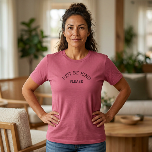 Just Be Kind Please Embroidered Tee — Kindness Message T‑Shirt - Kindcore Comforts