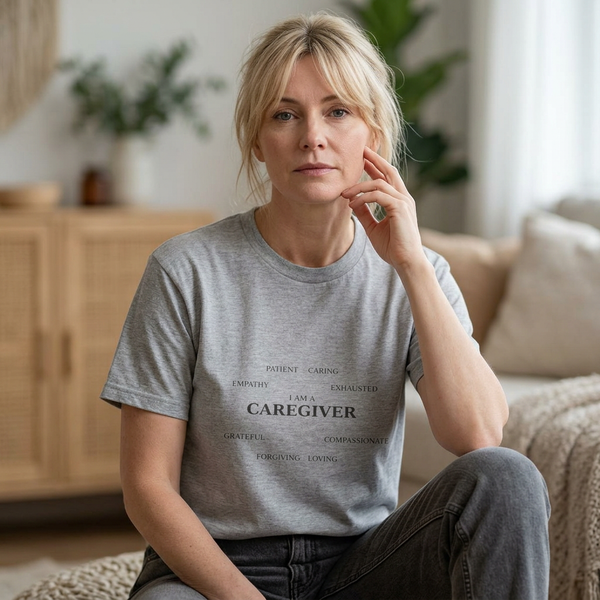 Caregiver T-Shirt — Loving, Empathetic, Compassionate (Exhausted) - Kindcore Comforts