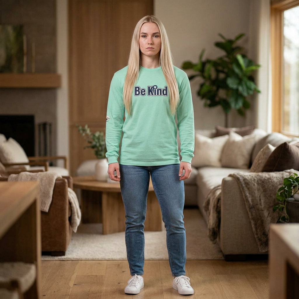 Be Kind Long Sleeve Tee — White Positive Message Shirt with Heart