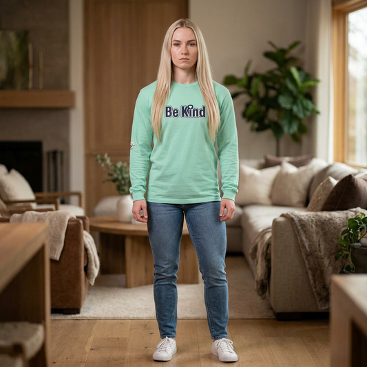 Be Kind Long Sleeve Tee — White Positive Message Shirt with Heart
