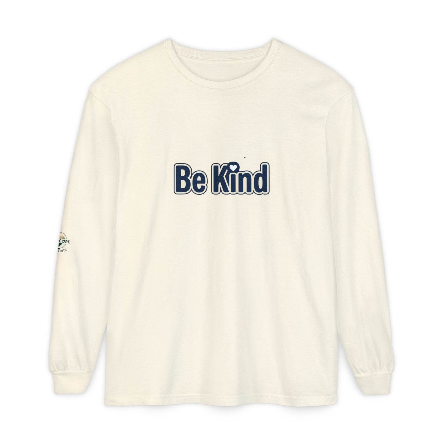 Be Kind Long Sleeve Tee — White Positive Message Shirt with Heart