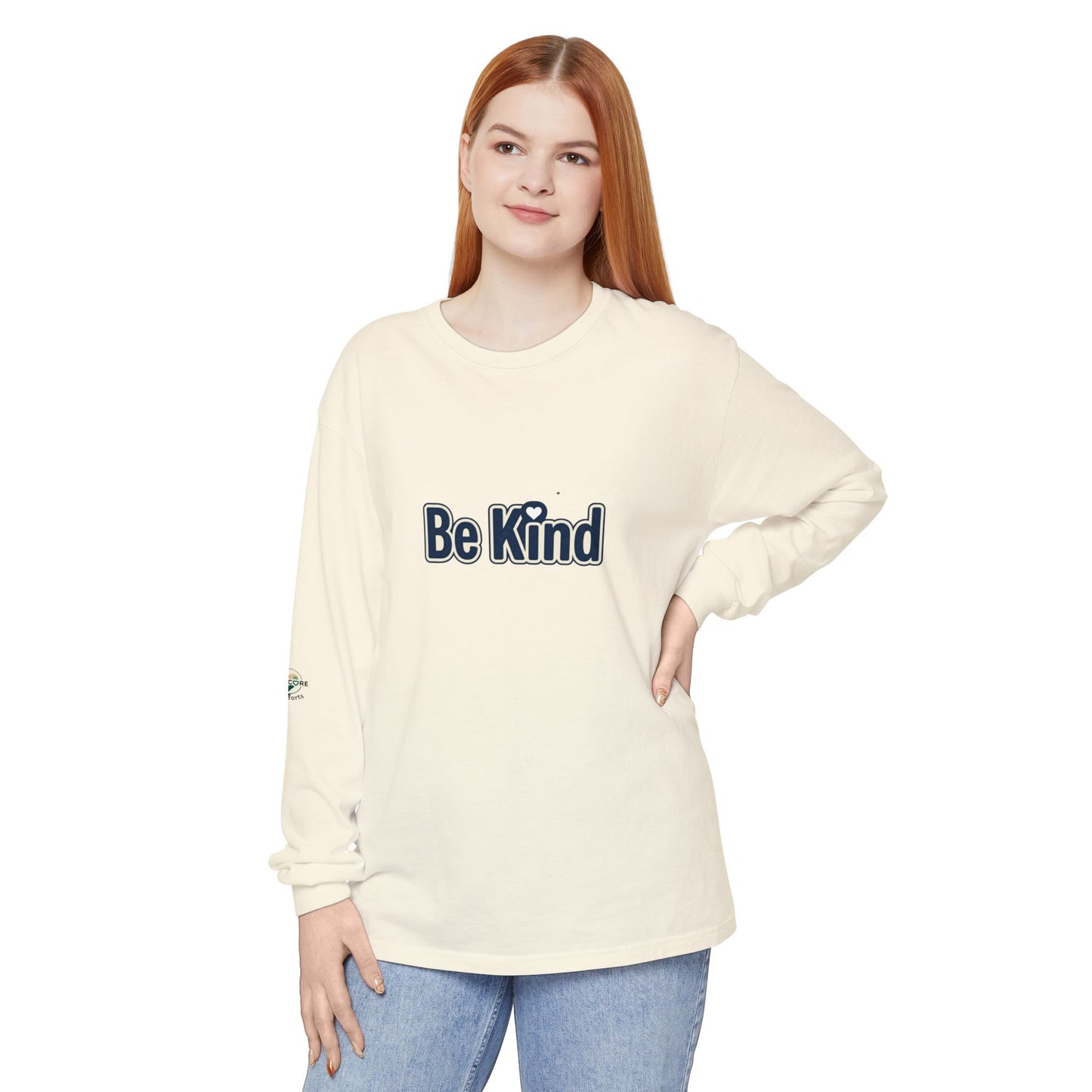 Be Kind Long Sleeve Tee — White Positive Message Shirt with Heart