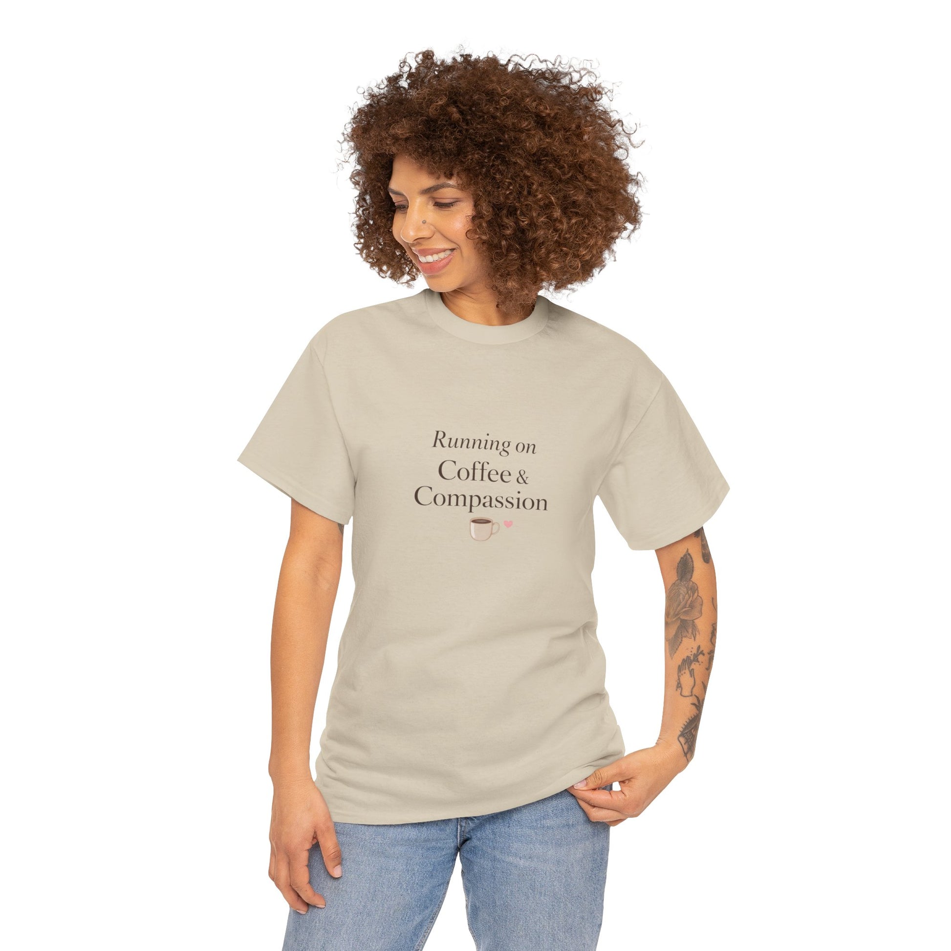 Running on Compassion and Coffee T-Shirt — Funny Relatable Tee for Coffee Lovers - Kindcore Comforts