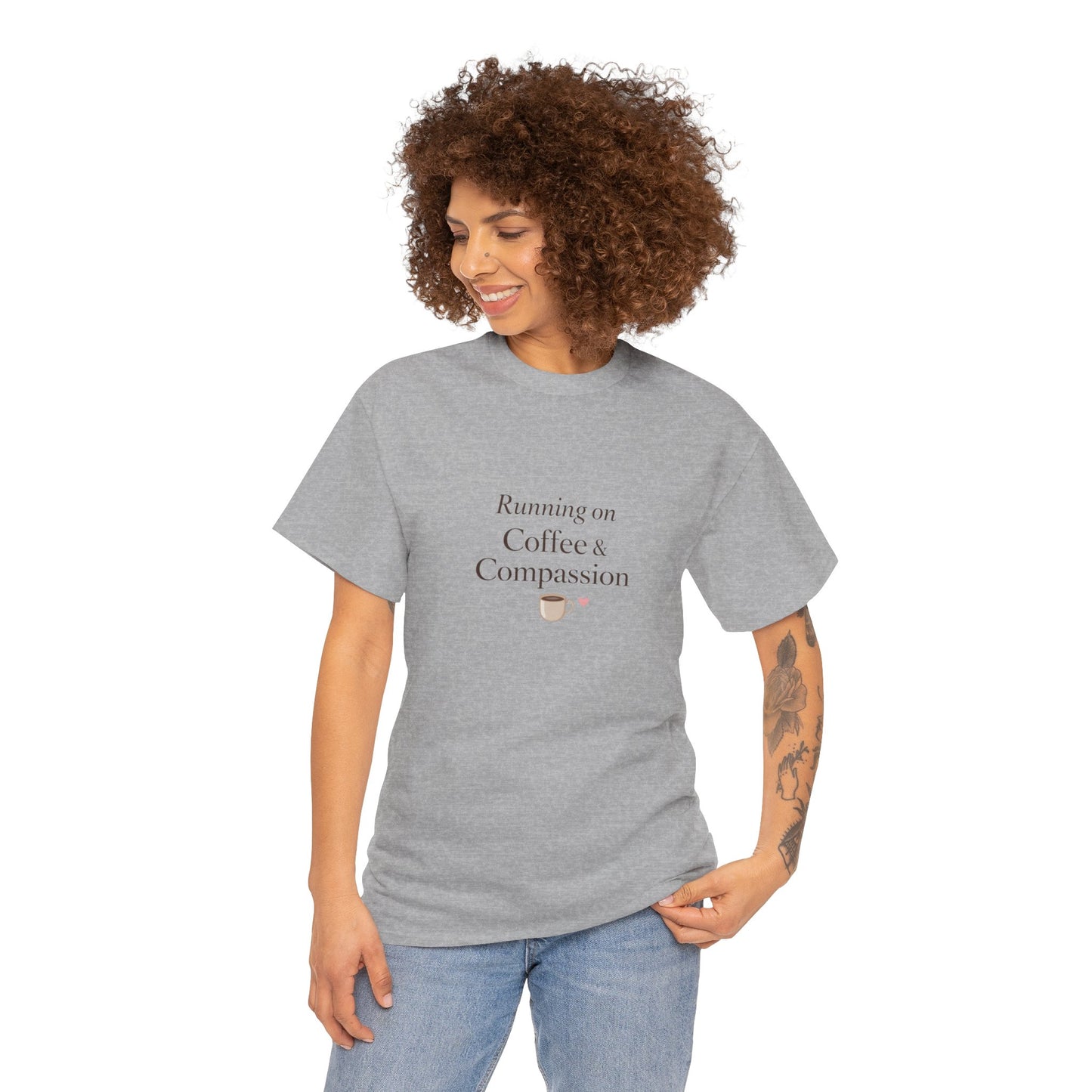 Running on Compassion and Coffee T-Shirt — Funny Relatable Tee for Coffee Lovers - Kindcore Comforts