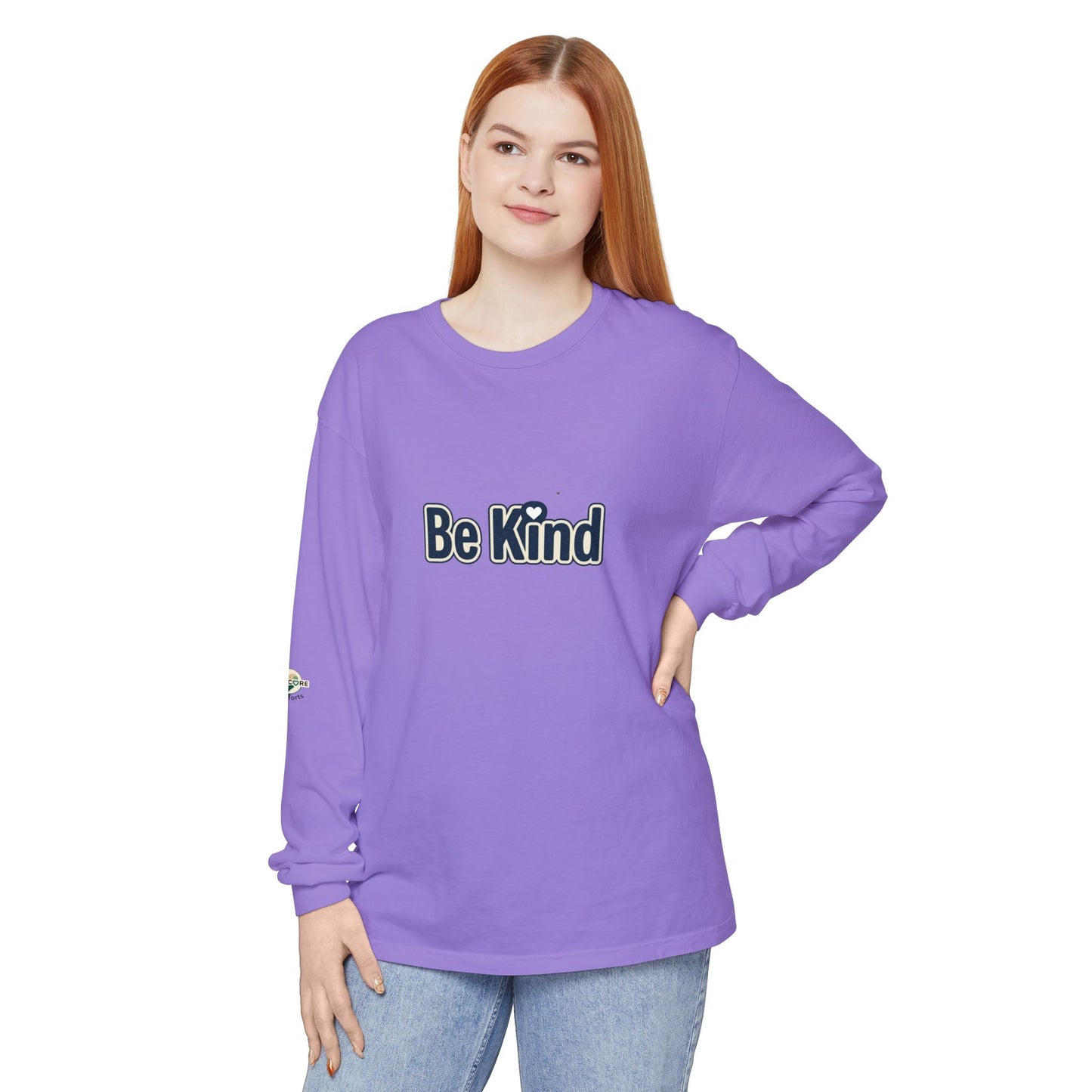 Be Kind Long Sleeve Tee — White Positive Message Shirt with Heart