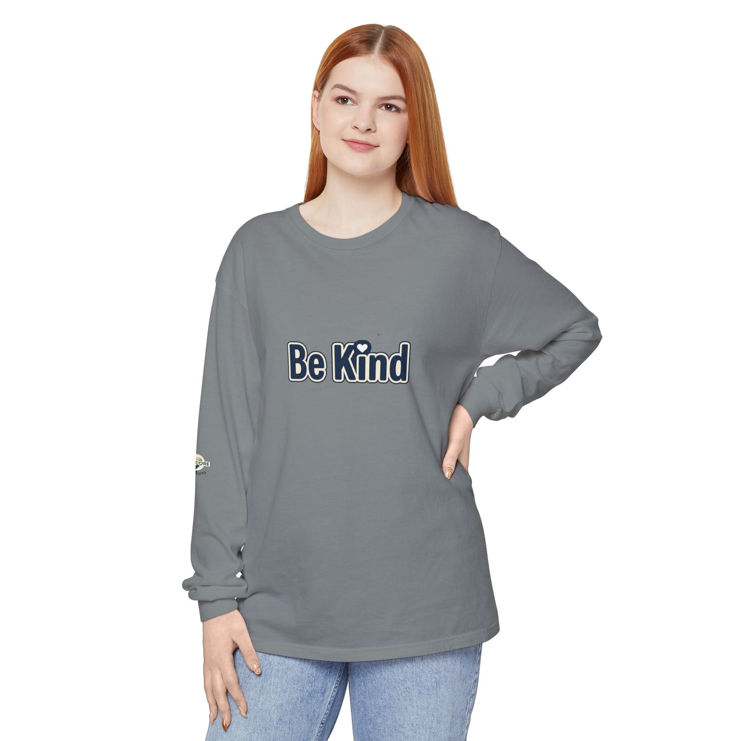 Be Kind Long Sleeve Tee — White Positive Message Shirt with Heart