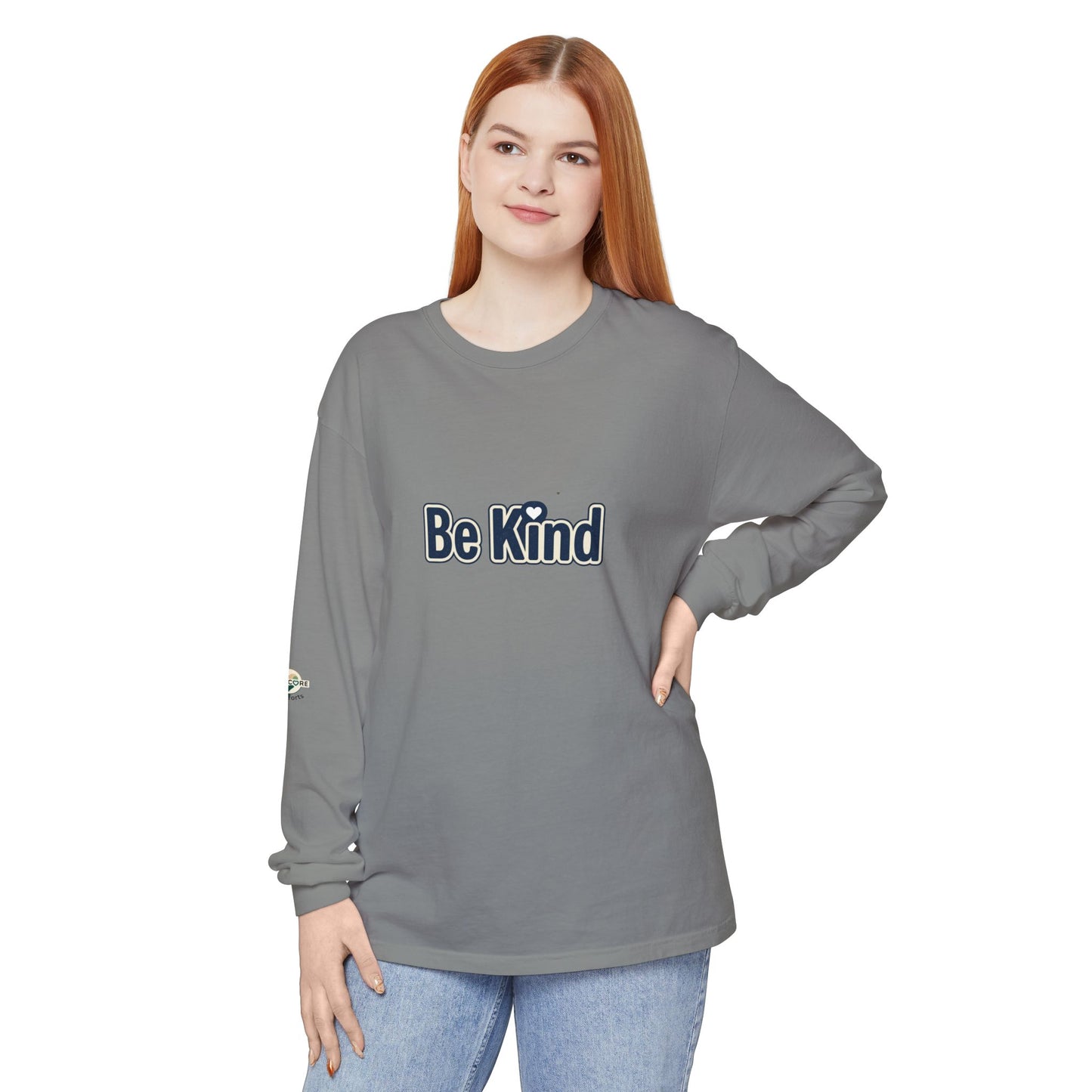 Be Kind Long Sleeve Tee — White Positive Message Shirt with Heart