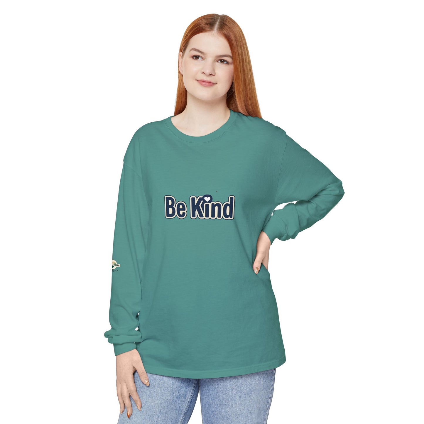 Be Kind Long Sleeve Tee — White Positive Message Shirt with Heart
