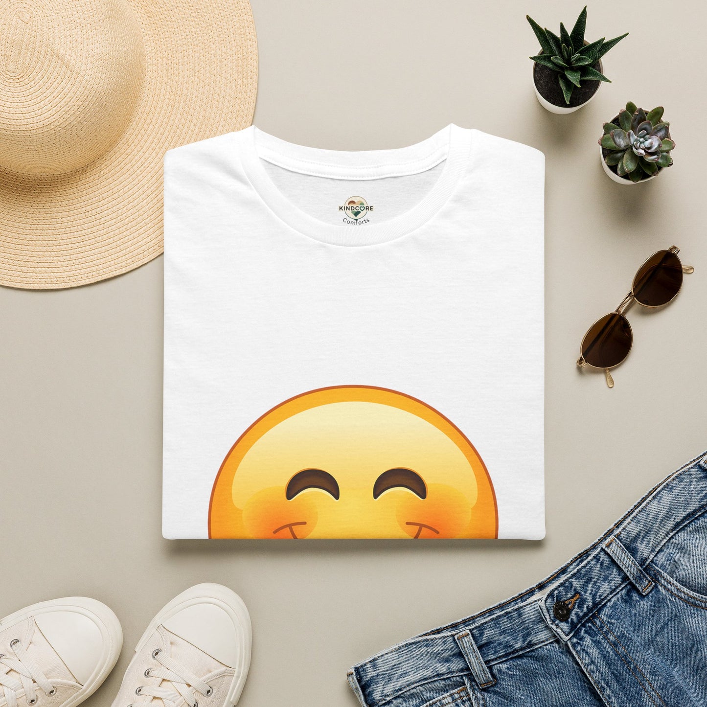 Smiling Emoji T-Shirt — Cute Blushing Smile Graphic Tee - Kindcore Comforts