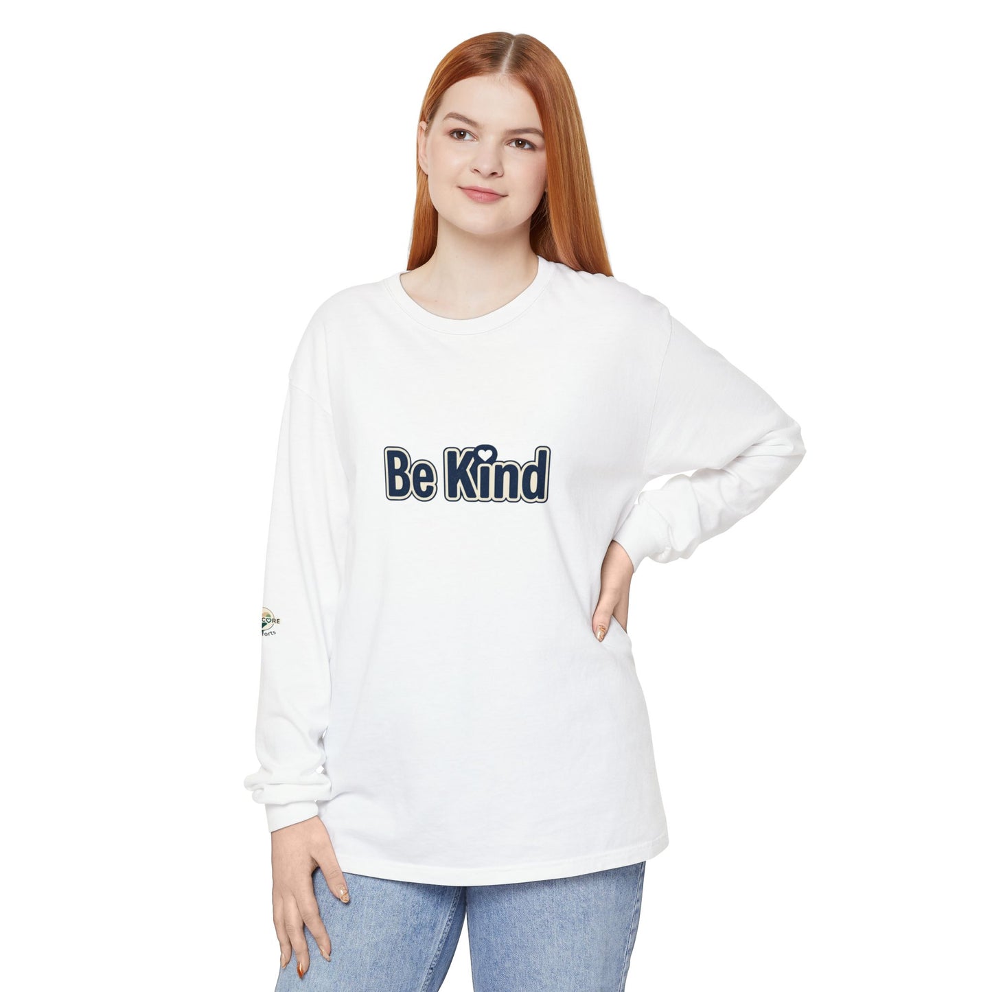 Be Kind Long Sleeve Tee — White Positive Message Shirt with Heart