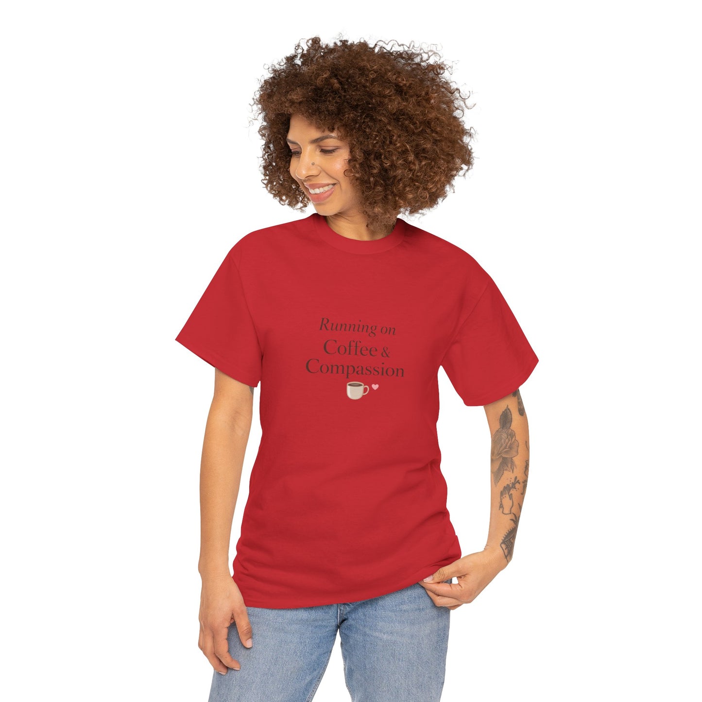 Running on Compassion and Coffee T-Shirt — Funny Relatable Tee for Coffee Lovers - Kindcore Comforts