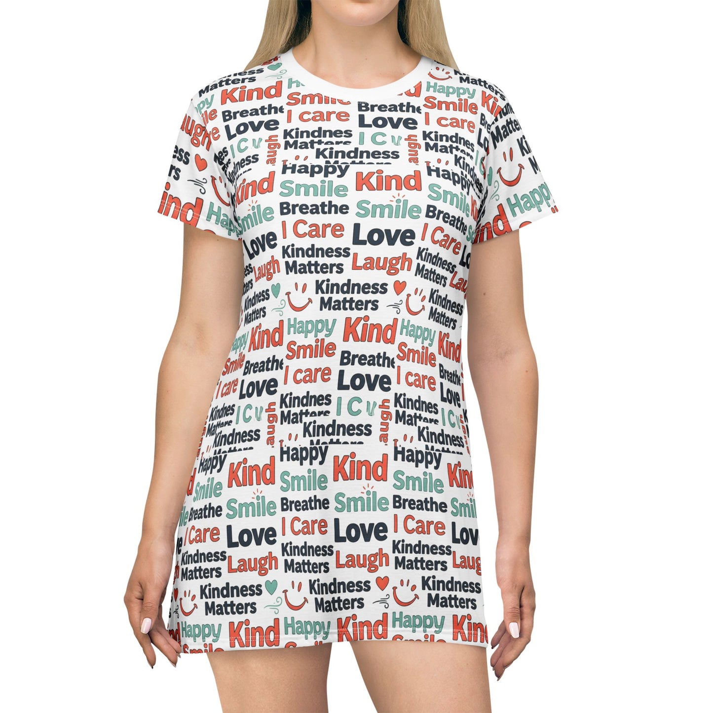 Positive Statements Beach T-Shirt Dress — All-Over Print Cover-Up