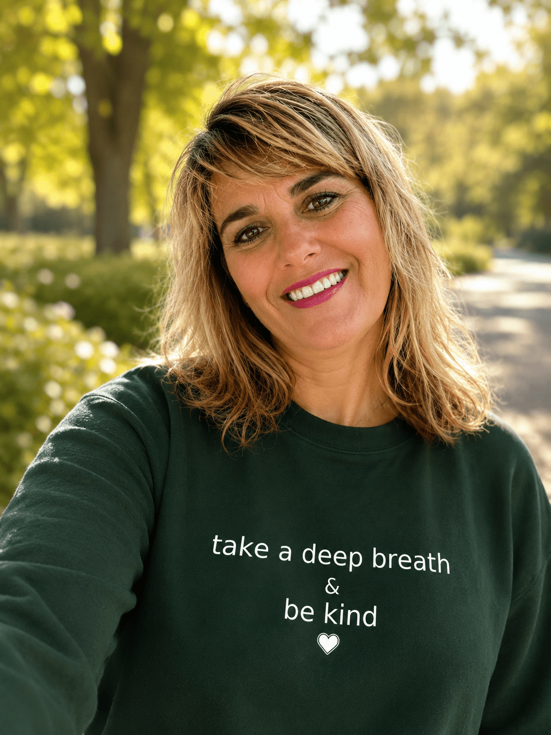 Crewneck Sweatshirt with a statement of " Take a Deep Breath and Be Kind. - Kindcore ComfortsCrewneck Sweatshirt with a statement of " Take a Deep Breath and Be Kind.SSweatshirtPrintifyKindcore Comforts14146631717214314455
