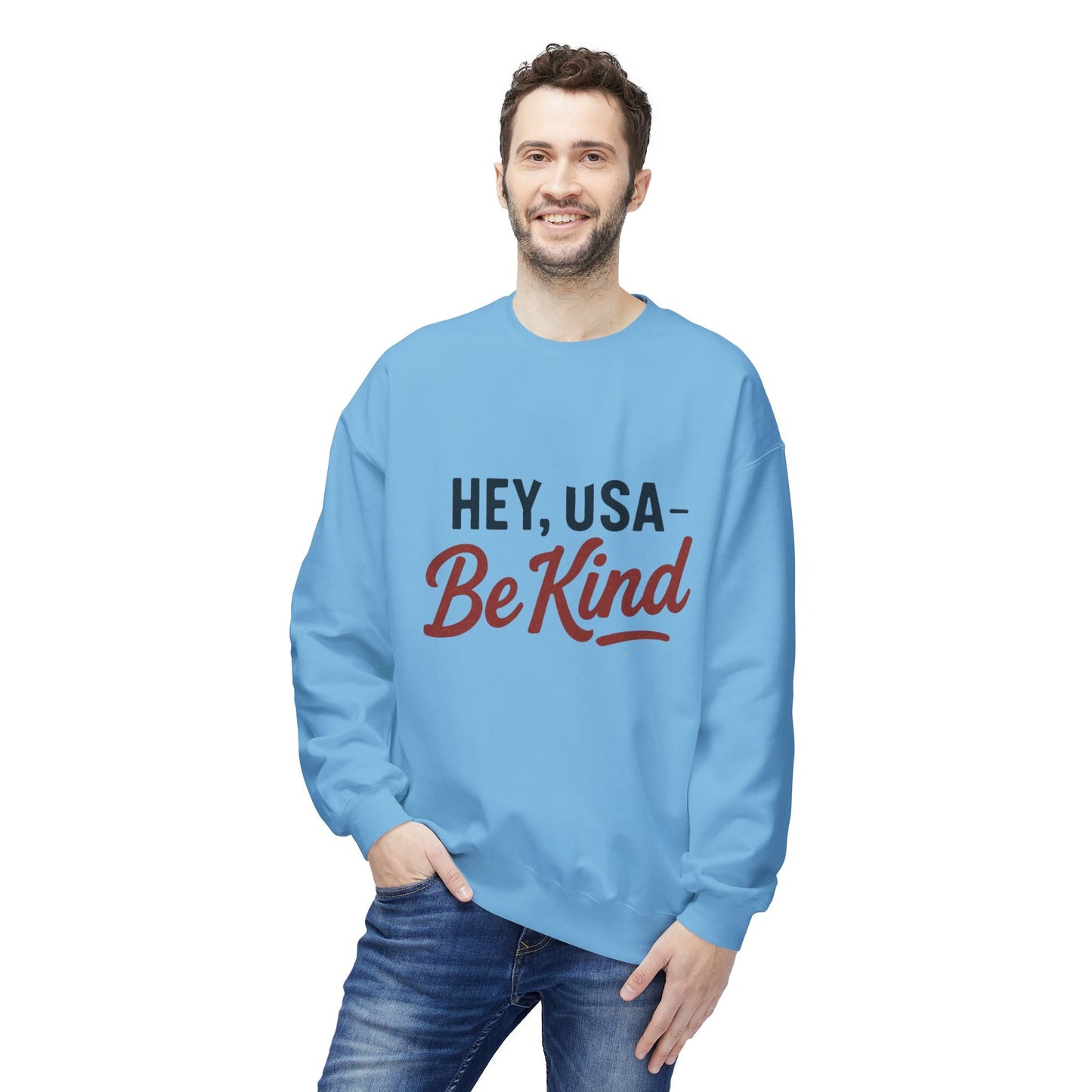 Hey, USA - Be Kind Crewneck Sweatshirt - Kindcore ComfortsHey, USA - Be Kind Crewneck SweatshirtSSweatshirtPrintifyKindcore Comforts14303183828691538461