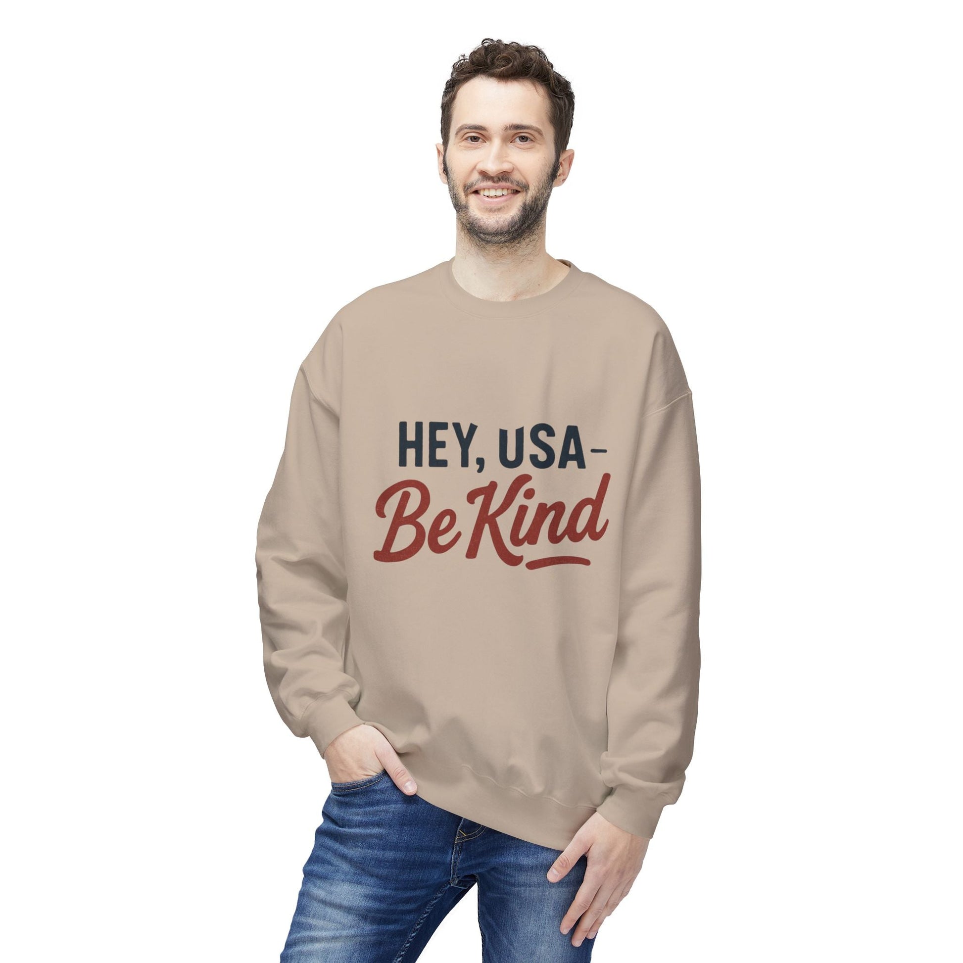 Hey, USA - Be Kind Crewneck Sweatshirt - Kindcore ComfortsHey, USA - Be Kind Crewneck SweatshirtSSweatshirtPrintifyKindcore Comforts24844563675306983087