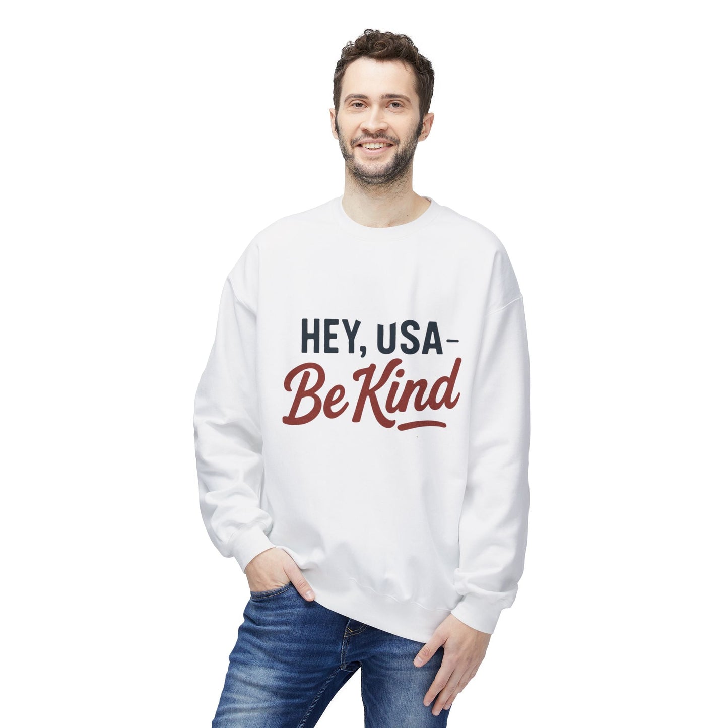 Hey, USA - Be Kind Crewneck Sweatshirt - Kindcore ComfortsHey, USA - Be Kind Crewneck SweatshirtSSweatshirtPrintifyKindcore Comforts93321369823435806080